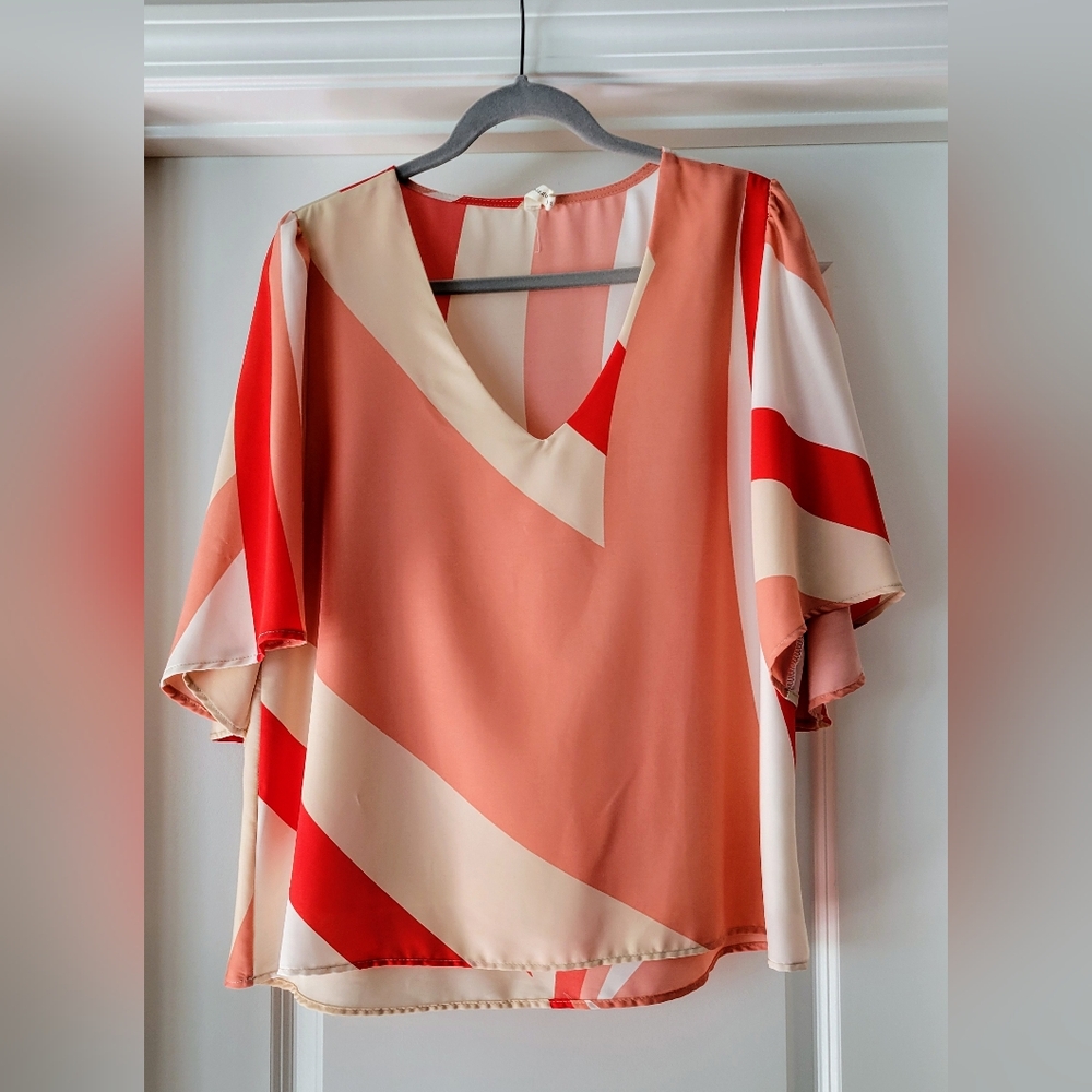 Like New - Tyche 3/4 Sleeve Blouse Red, Salmon, Cream Colors Size L